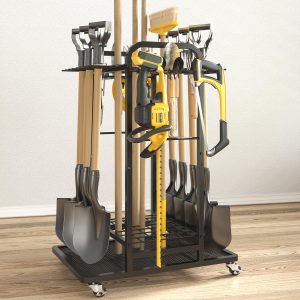 SOYEEZE Garden Tool Organizer with Lockable Wheels, Heavy Duty 3-Tier Yard Tower Tool Rack for Garage, Holds Up to 35 Long-Handled Tools, Garden Tool Cart with 12 Hooks for Tool Organization Storage