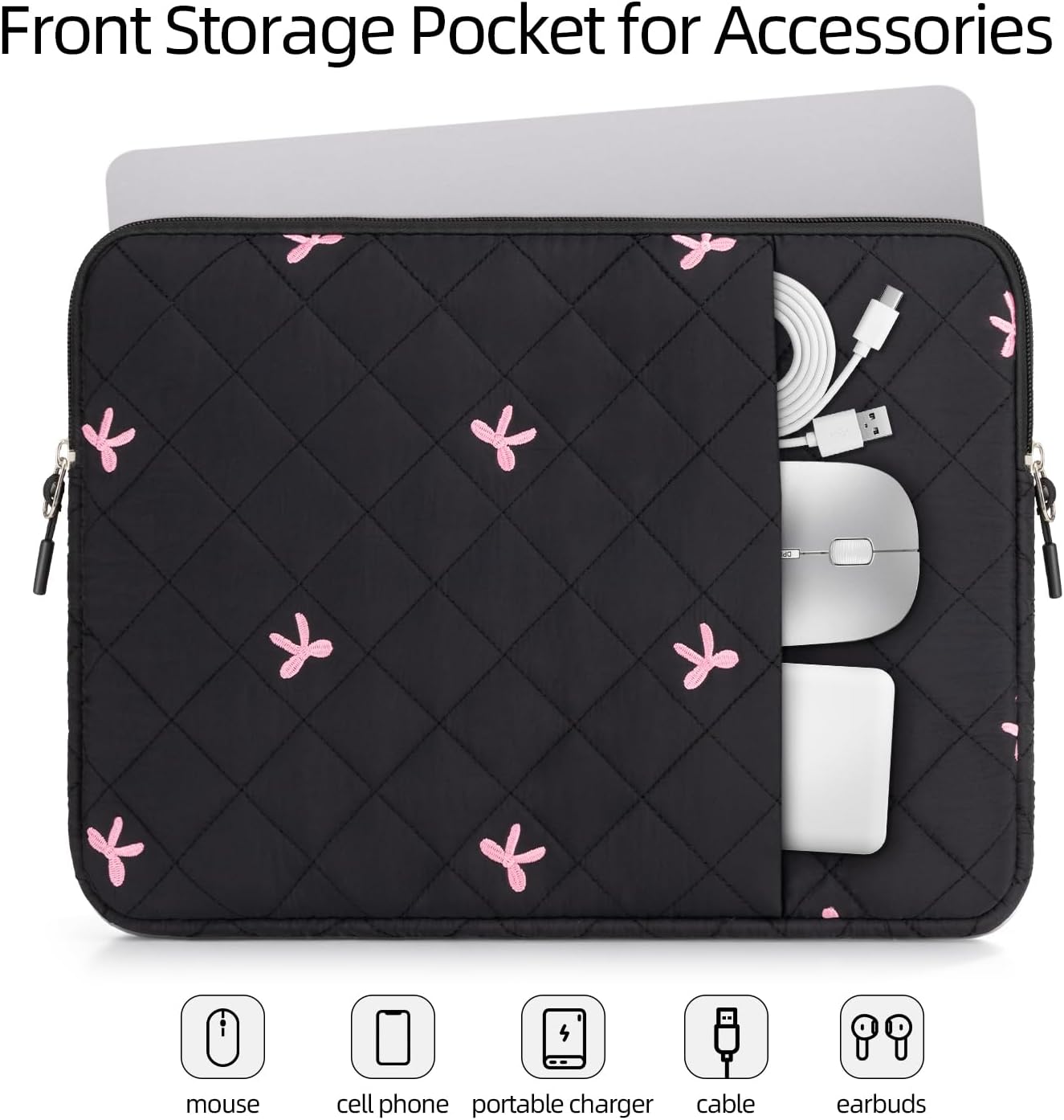 Laptop Sleeve 15-16 Inch Quilted Embroidered Bow with Front Pocket - Image 2