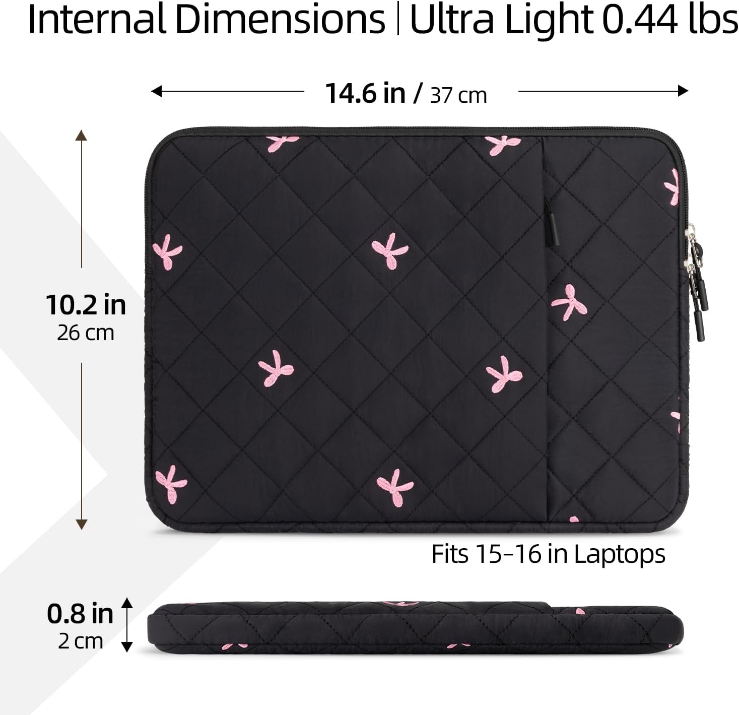 Laptop Sleeve 15-16 Inch Quilted Embroidered Bow with Front Pocket - Image 4
