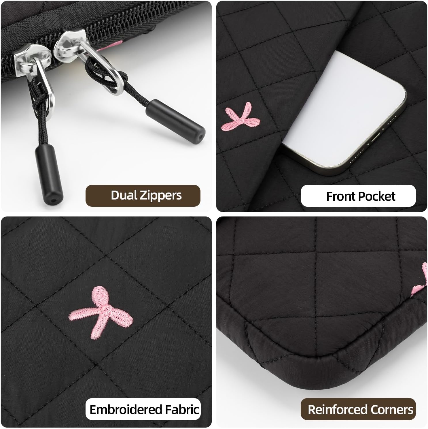 Laptop Sleeve 15-16 Inch Quilted Embroidered Bow with Front Pocket - Image 5